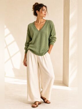 Inhabit Cashmere V Neck Sweater Minimalist Luxe Olive Green S Oversized fits all